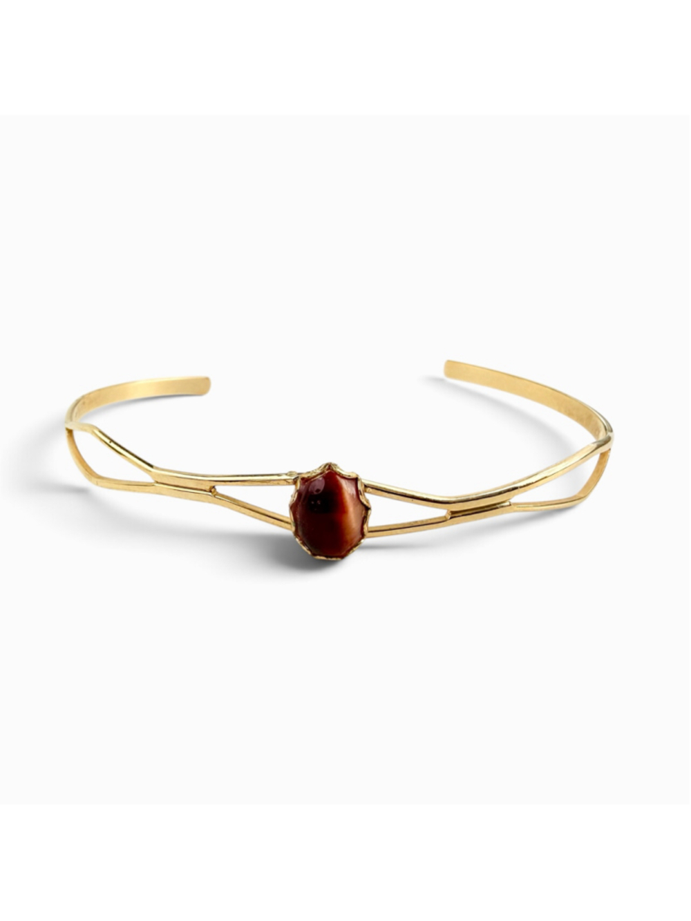 Gold Tone Agate Cuff Bracelet, Red Brown Agate Cabochon, Adjustable Open Bangle